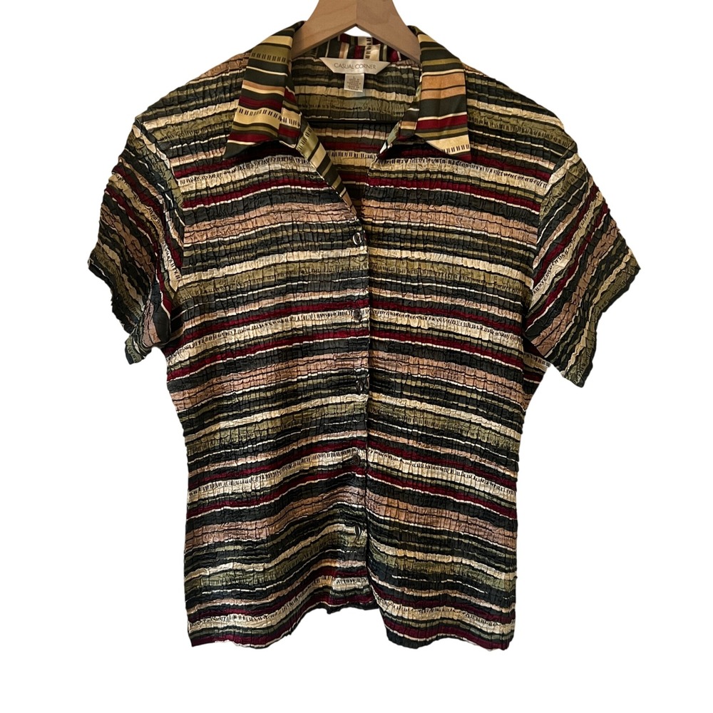 Vintage Casual Corner Crinkle Multicolor Stripe Short Sleeve Top, Women's Large